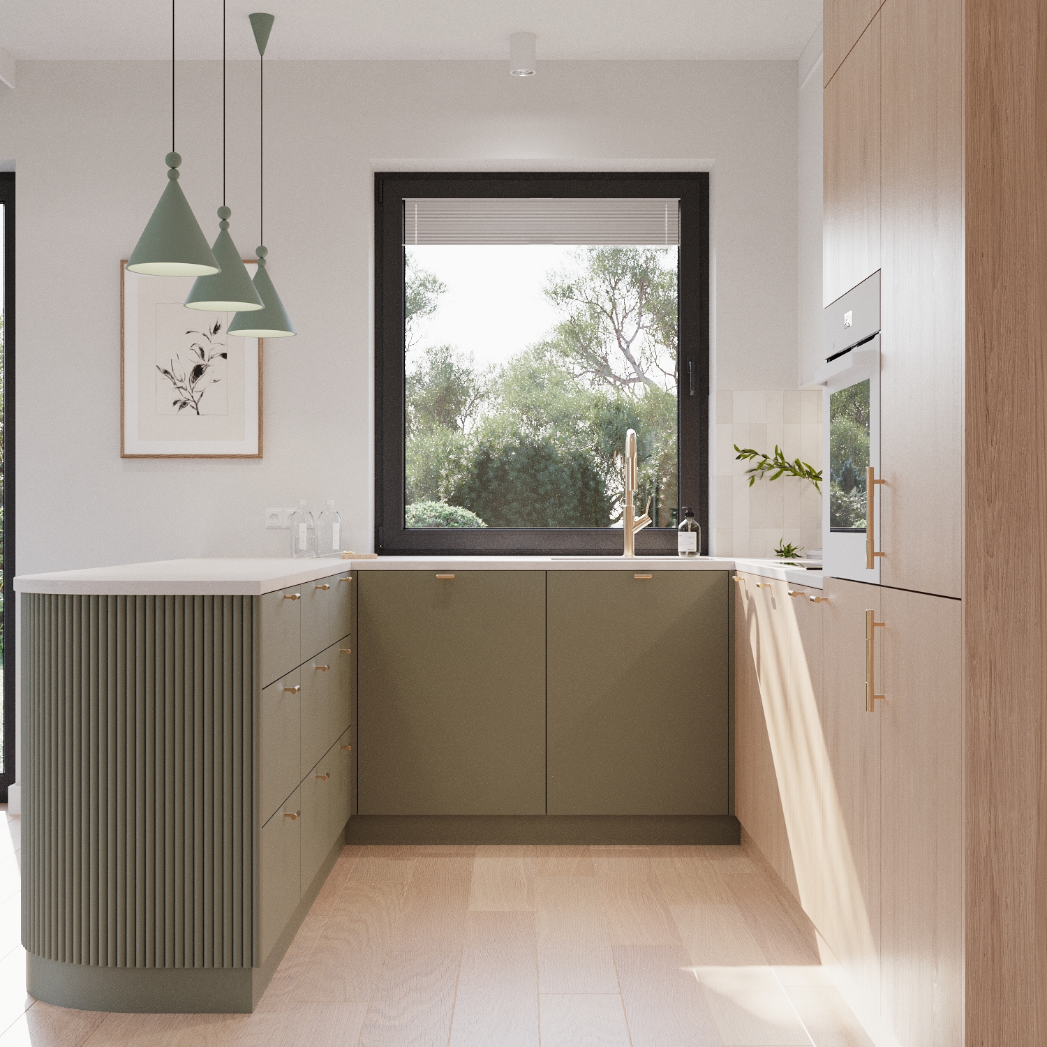Jasna kuchnia z oliwkowozielonymi frontami, złotą armaturą i drewnianymi akcentami.
