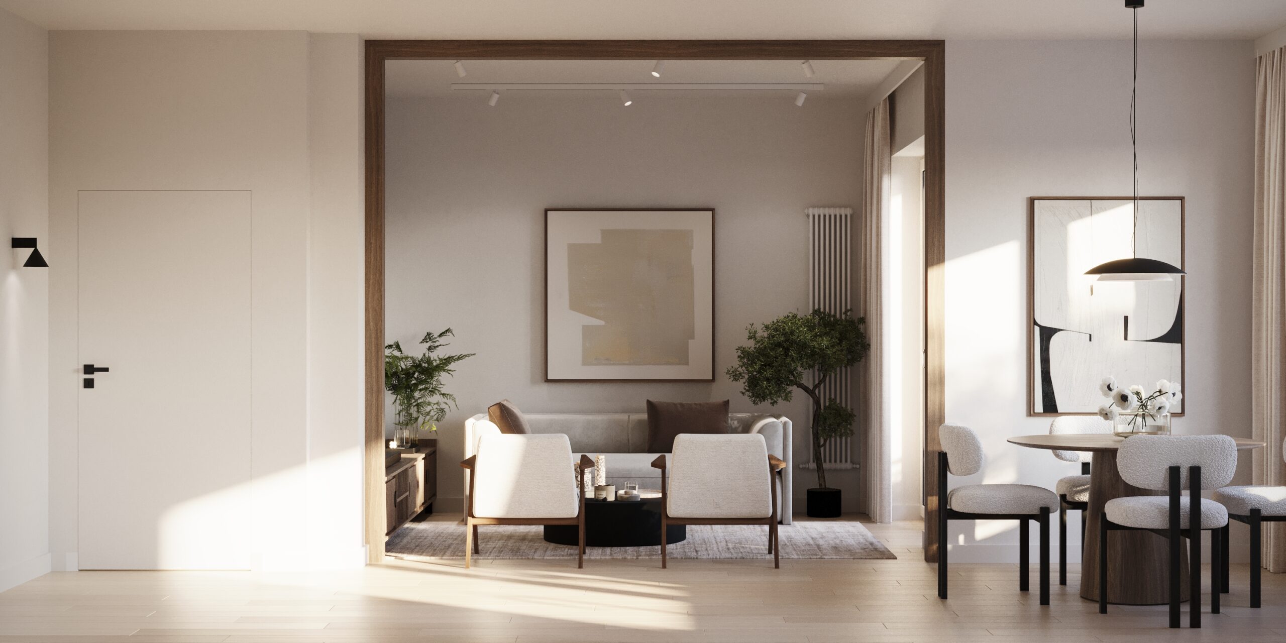 Nowoczesny salon z jadalnią w jasnych kolorach, z abstrakcyjną sztuką i naturalnym światłem.