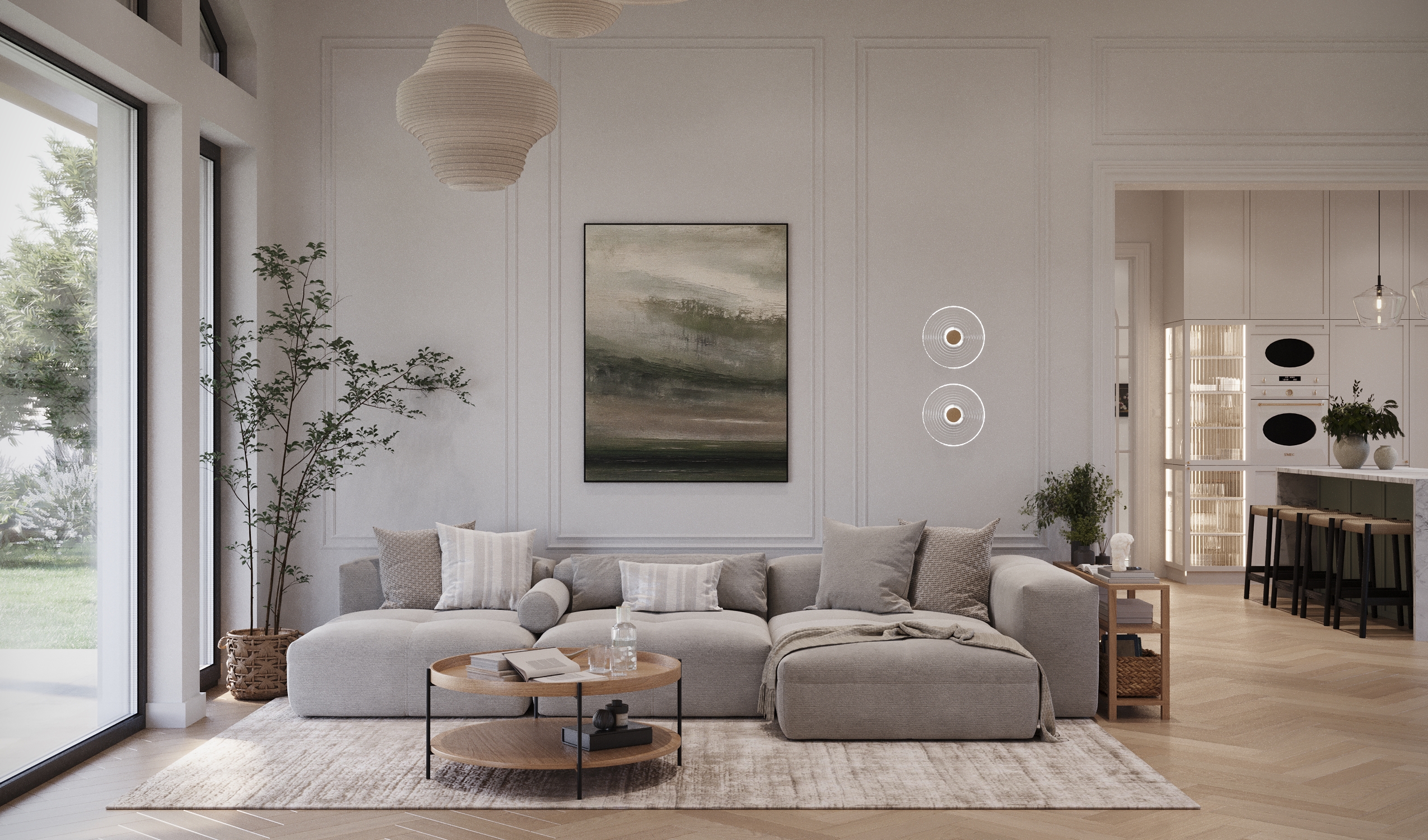 Jasny salon z dużymi oknami, modułową sofą i abstrakcyjnym obrazem na ścianie.