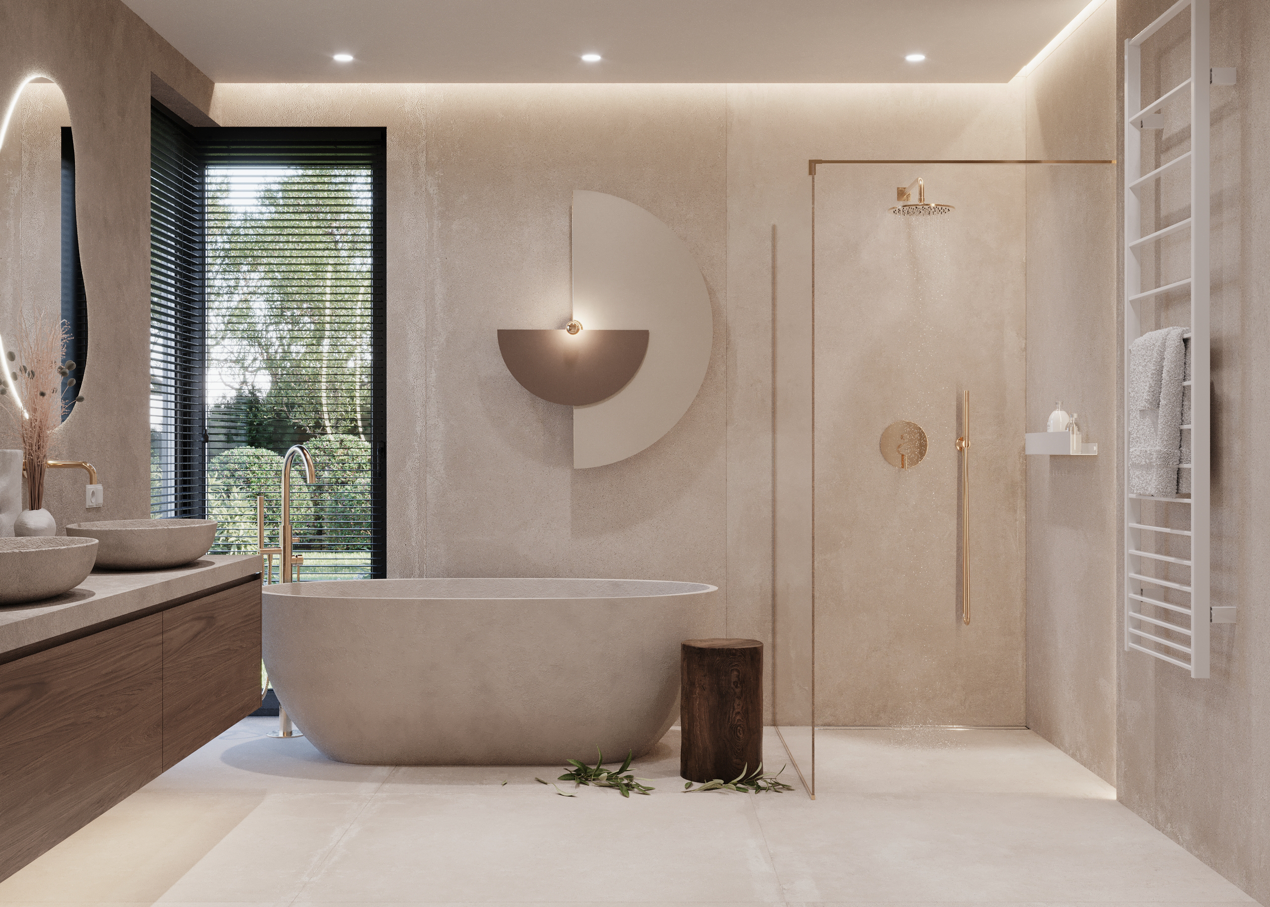 Minimalistyczna łazienka z wolnostojącą wanną, prysznicem i naturalnymi akcentami.
