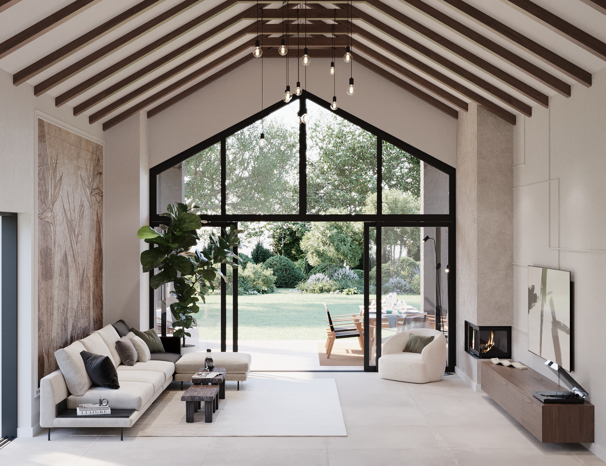 Przestronny salon z wysokim sufitem, belkami, dużym przeszkleniem i widokiem na ogród.